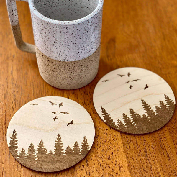 Pine Tree & Birds Coasters [Set of 2]